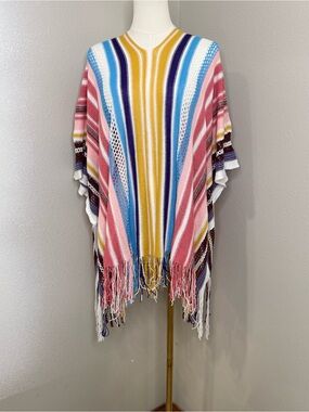 Be Clever Colorful Striped Fringe Knit Poncho Cover Up One Size NWT